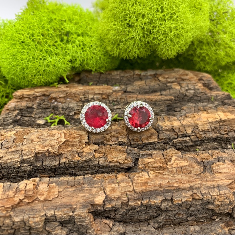 Ruby & White CZ Round Solitaire Earrings 1/2” Wide